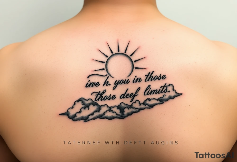 Falling angles in clouds with sunshine that says the horizon temps those who defy limits in cursive on the top on a forearm tattoo idea