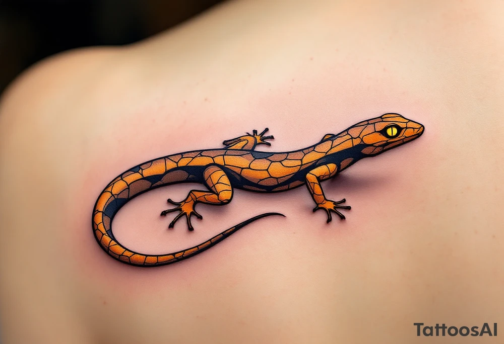 Tribal desert lizard with cracked earth texture – A sleek, agile lizard in motion, designed with tribal curves and sharp angles along its spine. Its skin mimics the pattern of sunbaked, cracked earth, blending tones of burnt orange, dusty brown, and charcoal black. The tail coils elegantly, forming a spiral, while the eyes gleam in golden yellow, symbolizing survival, transformation, and primal instincts. tattoo idea