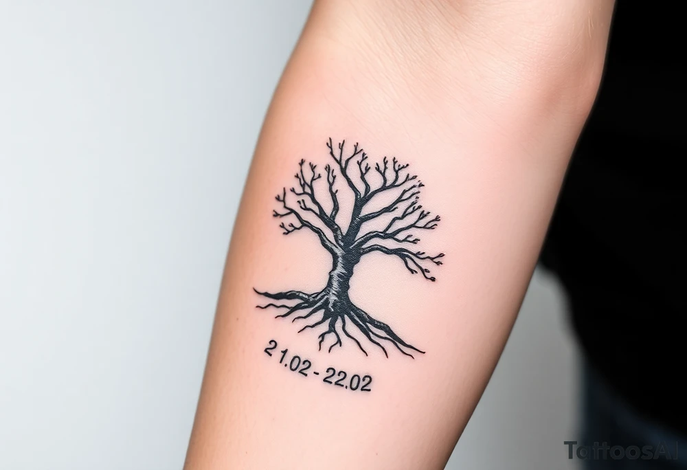 Design a tattoo symbolizing personal rebirth and freedom. or tree emerging from darkness, representing overcoming addiction, self-love, and inner strength. Include dates 21.02 and 22.02 as subtle elements. Style: minimalistic, meaningful, with clean lines and hope-driven symbolism. tattoo idea