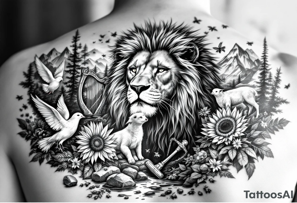 In beautiful heavenly mountain scene with streams and lakes a majestic lion interacts and protects a dove, a lamb,  a sunflower, a harp, a golden nugget, an ancient hammer, a crown, and honeybees tattoo idea