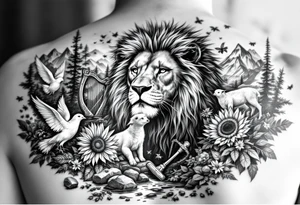 In beautiful heavenly mountain scene with streams and lakes a majestic lion interacts and protects a dove, a lamb,  a sunflower, a harp, a golden nugget, an ancient hammer, a crown, and honeybees tattoo idea