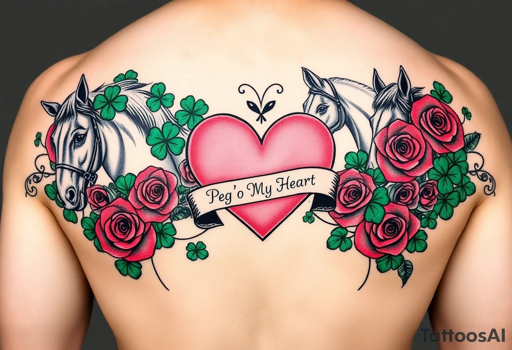 A lot of green shamrocks & red roses, horses with a big Pink heart and a banner across the heart that says Peg 'o My Heart tattoo idea
