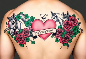 A lot of green shamrocks & red roses, horses with a big Pink heart and a banner across the heart that says Peg 'o My Heart tattoo idea