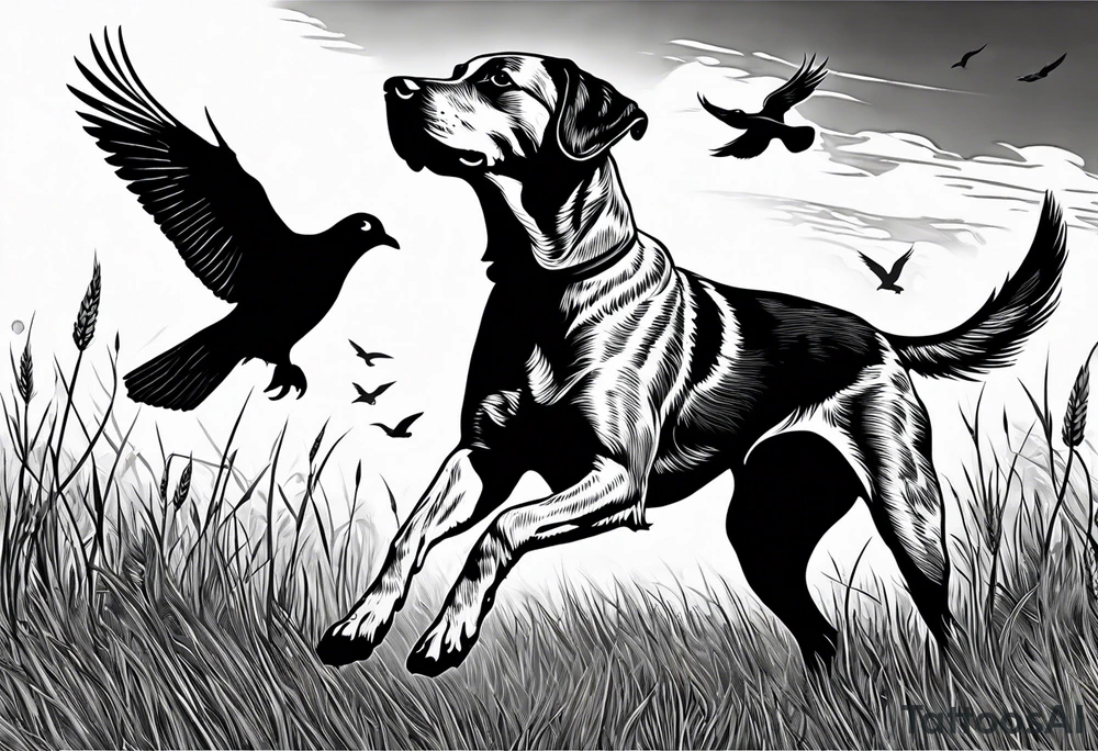A bird dog chasing a dove in a grassy field tattoo idea A bird dog chasing a dove in a grassy field tattoo idea