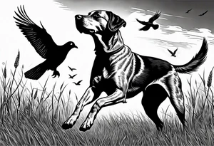 A bird dog chasing a dove in a grassy field tattoo idea