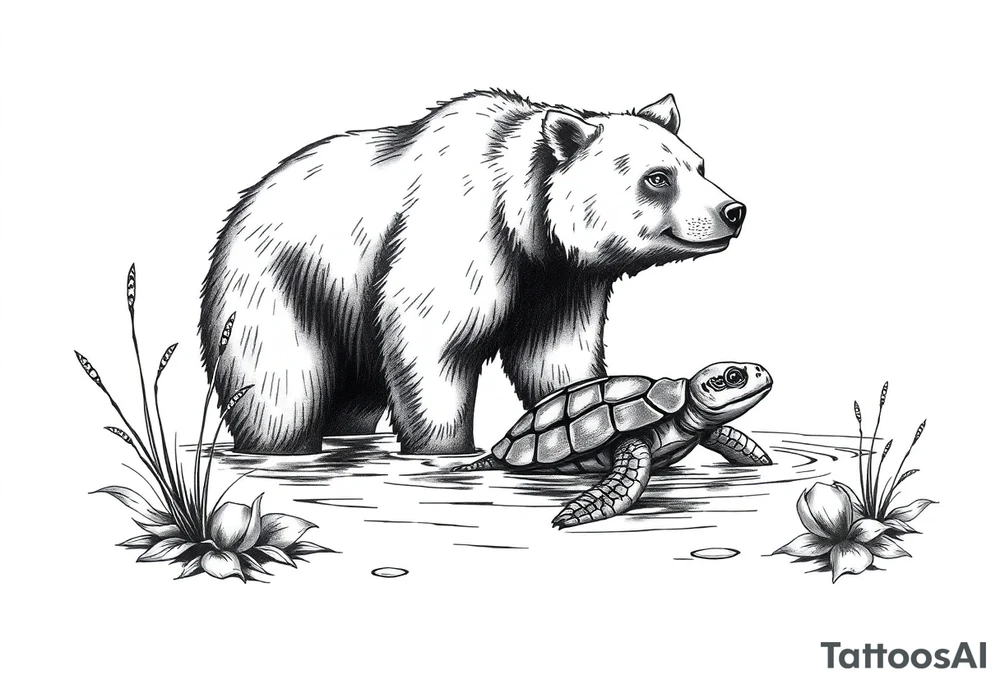 A bear in the Wild with a turtle in a lake tattoo idea