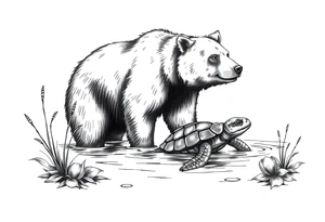 A bear in the Wild with a turtle in a lake tattoo idea