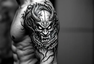 Japanese style, oni mask biting the tail of a dragon and on the other side has a japanese warrior/ samurai tattoo idea