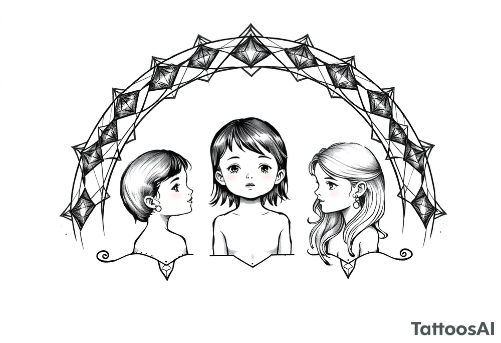 3 petites filles ( une cheveux noir et deux blondes)
sous un arc en ciel incomplet tattoo idea