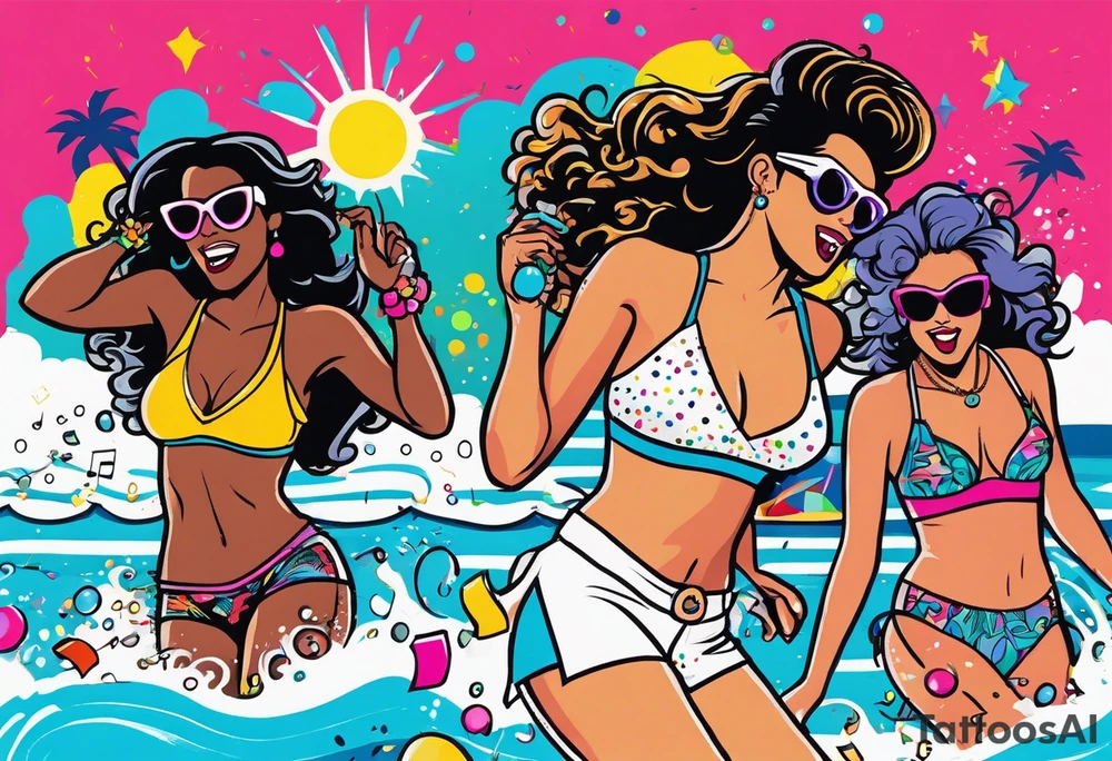 1980's miami vice style beach dance 
party, include confetti, music notes, boom box, bikinis tattoo idea