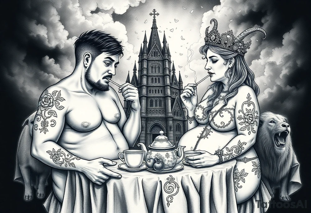 Naked Man and fat woman having sex eating cupcakes and  fruit  having sexy naked fat lady having a tea party with tea pots  with medieval castle  
with mystical  aries a pigs, peacock,  lion, goat, noose and smoking cigerettes looking in the mirror thru storm clouds and broken hearts and darkness and wrath, envy , gluttony, greed, sloth, pride . Gothic tattoo idea