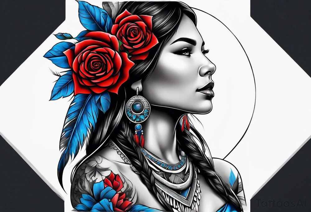 Native American woman Colored blue and red roses tattoo idea