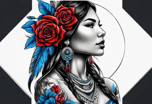Native American woman Colored blue and red roses tattoo idea