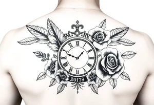 In memory of daddy feathers 
and roses with clock dates tattoo idea
