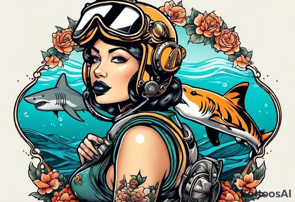 Deep sea diver with tiger shark and pin up girl tattoo idea