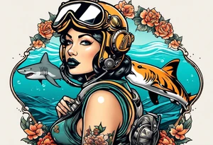 Deep sea diver with tiger shark and pin up girl tattoo idea