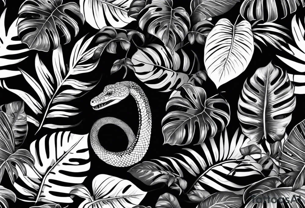 I want a monochrome tattoo in black gradients featuring a snake subtly hidden among the leaves of Raphidophora and Monstera. The snake should be coiled and partially visible, blending harmoniously with the detailed, large leaves of the plants. The Monstera leaves should have natural holes, while the Raphidophora leaves should be long and pointed. The overall style of the tattoo should be realistic, with shading and black gradients to create an elegant and mysterious effect. Put the tatoo on a black arm tattoo idea