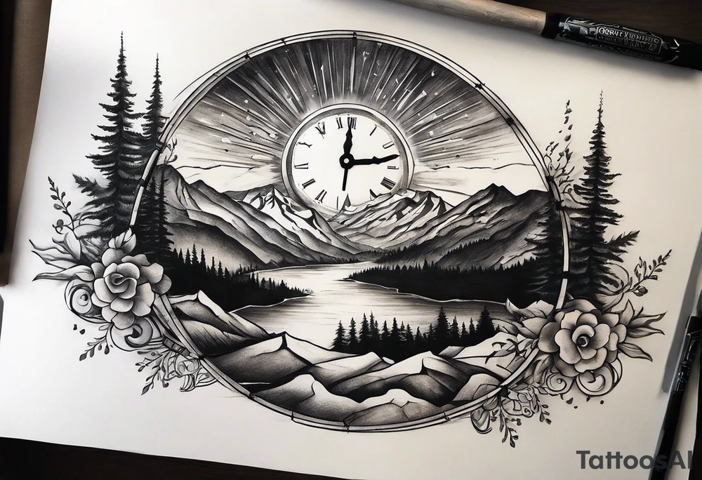 Half sleeve. View from the base of the mountains looking up to the sun. The sun is a clock that reads 12:01 to signify a new day. I want a clock tower in the middle of the mountains with the times my two sons were born. This tattoo represents overcoming massive obstacles and becoming a better person. tattoo idea