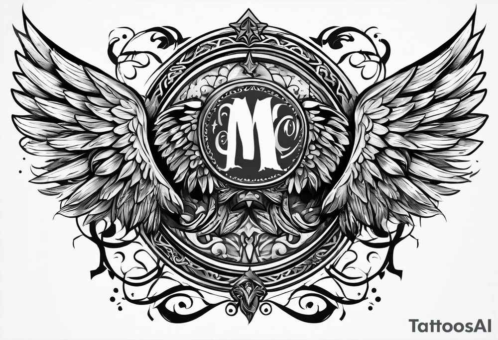 the word Glenn on a banner and angel wings tattoo idea