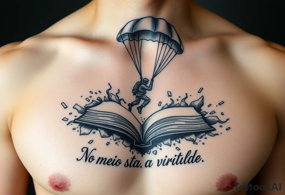A parachuting soldier landing into an open book. Chaos surrounding, but the book is protecting the soldier from it. On the chest. Make it smaller. Thought provoking. 1936-2020- "No meio esta a virtude" underneath the book tattoo idea