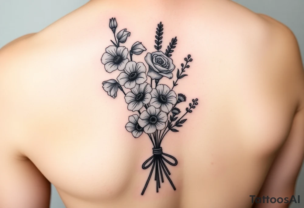 6 inches tall by 4 inches wide approximately, black and white tattoo with a bouquet of hollyhocks, one wild rose, and two wild flowers, include a stethoscope along the side without putting it into the bouquet and the name June Etta , make the tattoo taller than it is wide, make the bouquet have a bow towards the bottom holding the flowers like they had just been picked from the garden still with the stethoscope along the side tattoo idea