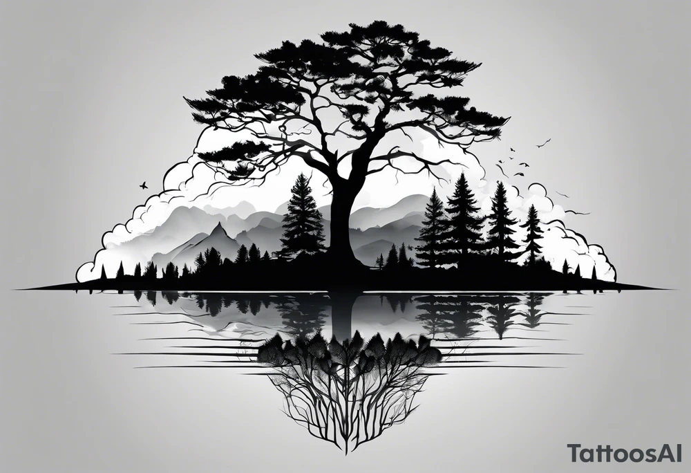 The tattoo will be a unique horizontal image. At the base, there will be a thin line to symbolize the horizon. Above it, various trees in silhouette with delicate details, representing different species, including oaks and pines among others, will be distributed along the horizon. tattoo idea