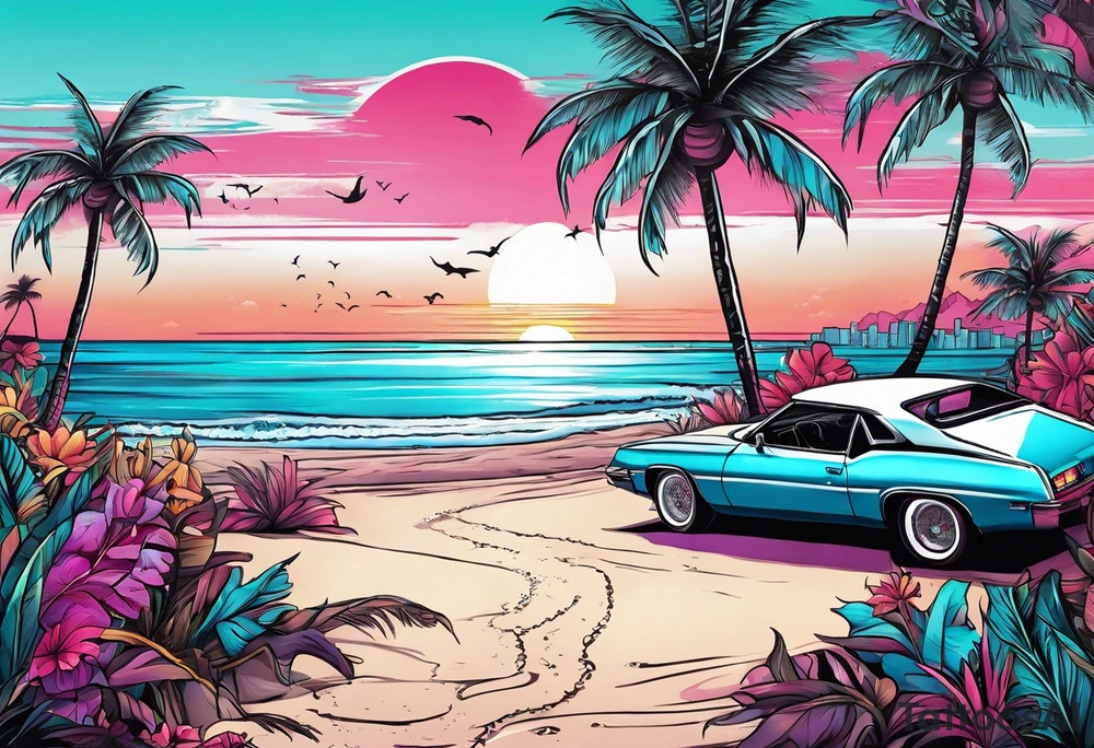 miami vice style beach party, no cars tattoo idea