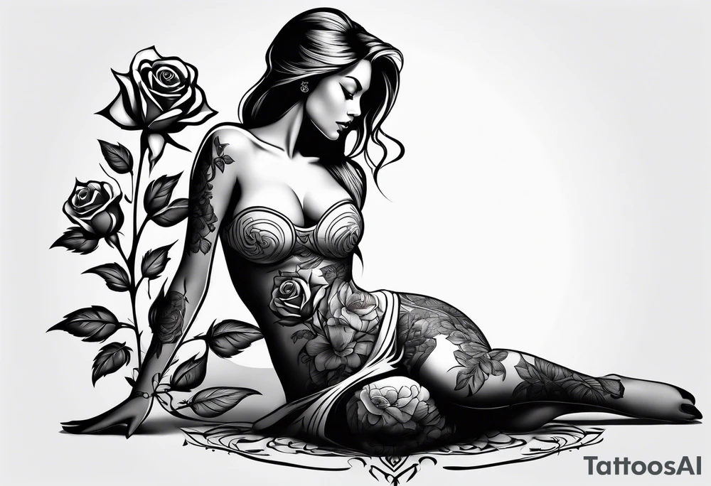 Bloomed rose with female body, kneeling tattoo idea