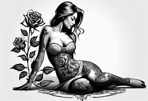 Bloomed rose with female body, kneeling tattoo idea