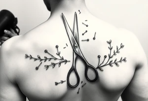 shears with a comb, blow-dryer. then groups of bobby pins randomly placed. with vines weaving thorughout tattoo idea