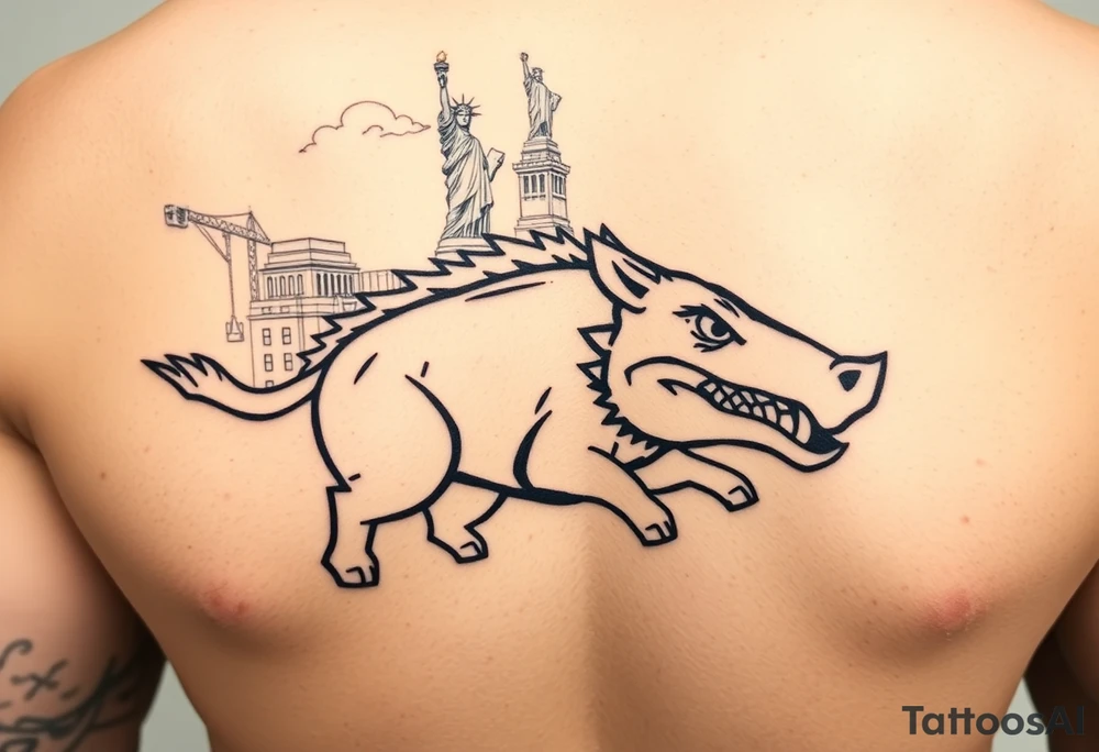 Arkansas razorback running through the streets of New York City with the Statue of Liberty in the background tattoo idea