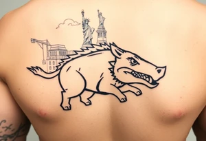 Arkansas razorback running through the streets of New York City with the Statue of Liberty in the background tattoo idea
