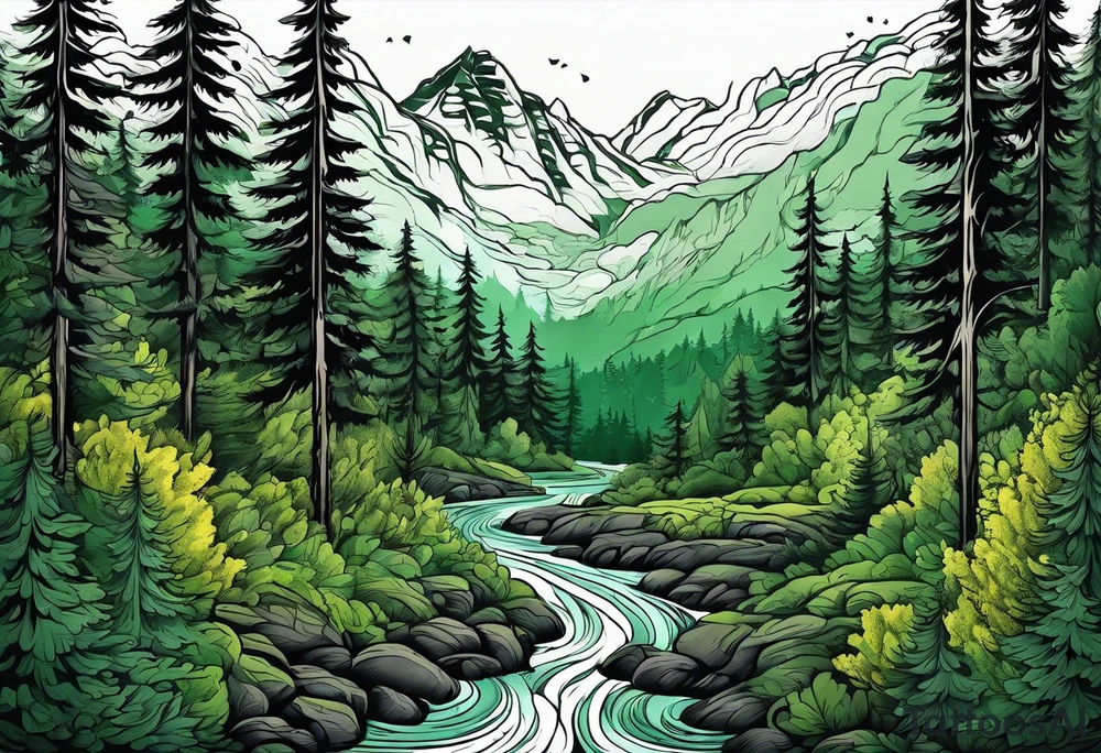 forest, green and black, no people tattoo idea