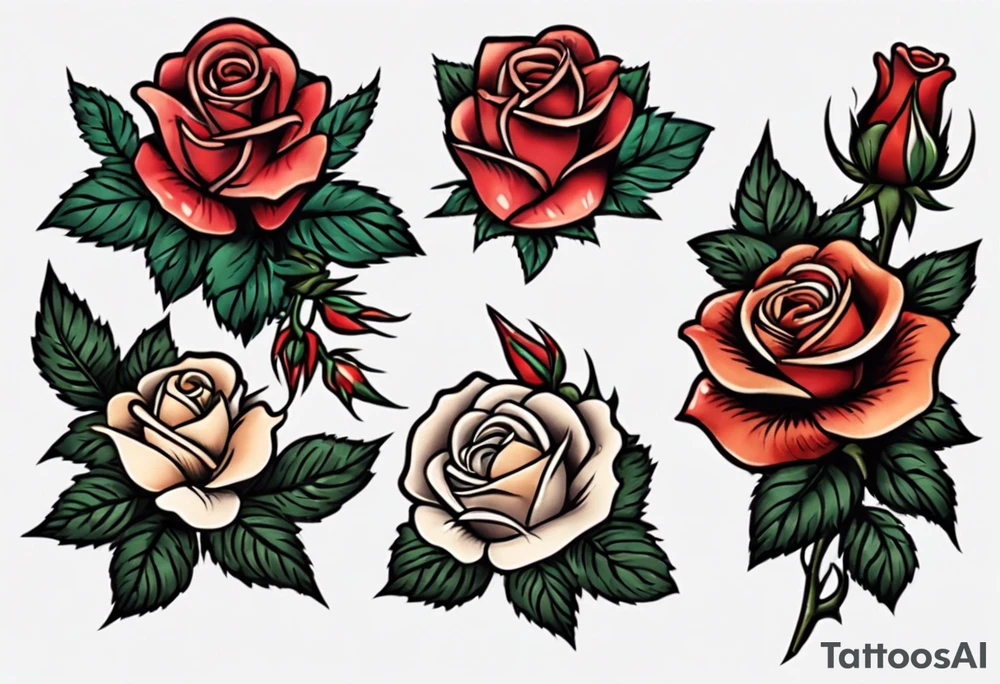American Traditional rose with three american traditional flowers around it tattoo idea