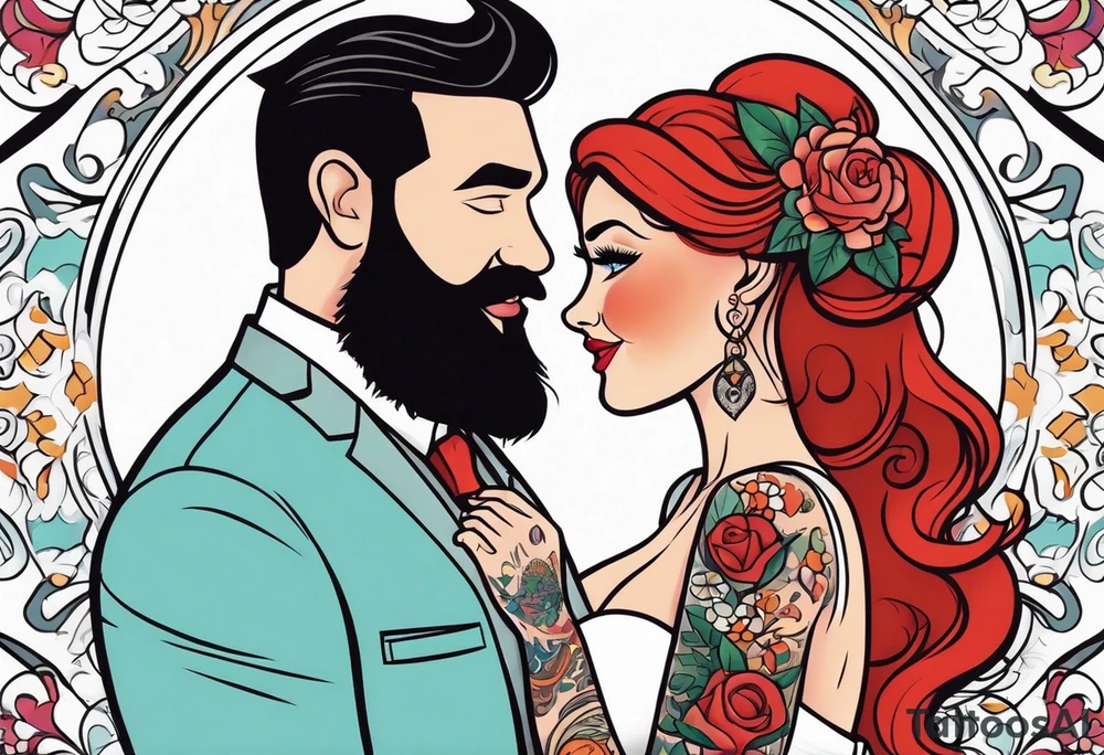 Busty red haired woman with a bearded man who has black hair getting married tattoo idea