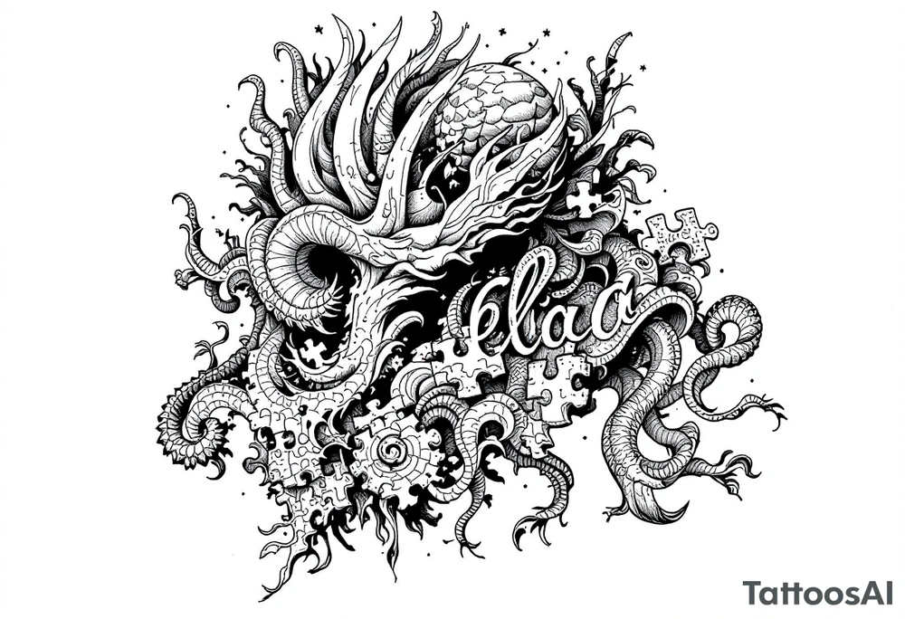 Cover the whole side of the neck puzzle piece tattoo where one of the pieces says Rella tattoo idea