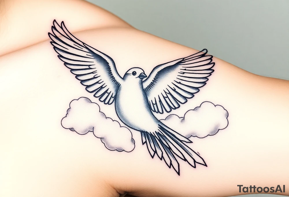 Dove and a blue jay, clouds, shining light to or from heaven tattoo idea