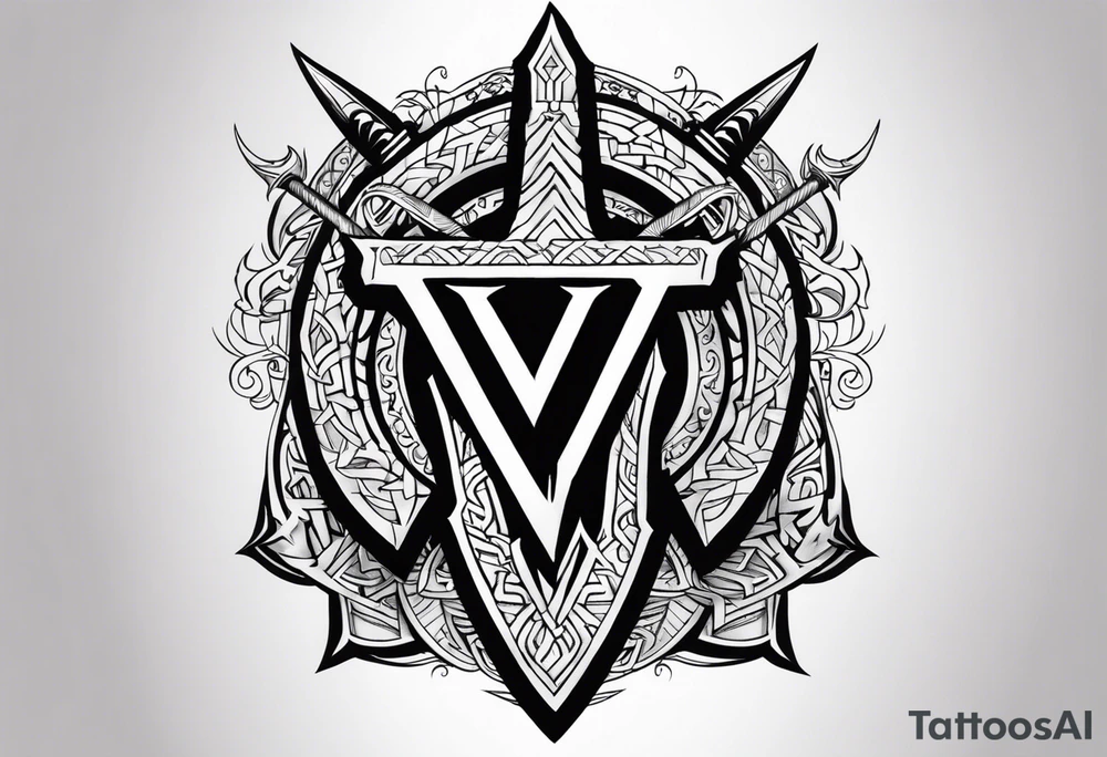 Valhalla sword shield axe Valknut fog tattoo idea