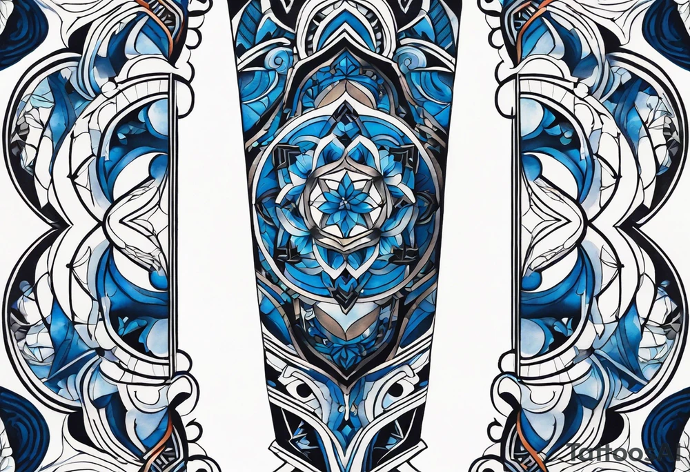 semi Detailed neo traditional knee tattoo flat on paper. The tattoo features geometric patterns and bold lines, creating a visually striking design with slight tints of deep fall colors. The a background featuring deep blues washes and water swirls tattoo idea