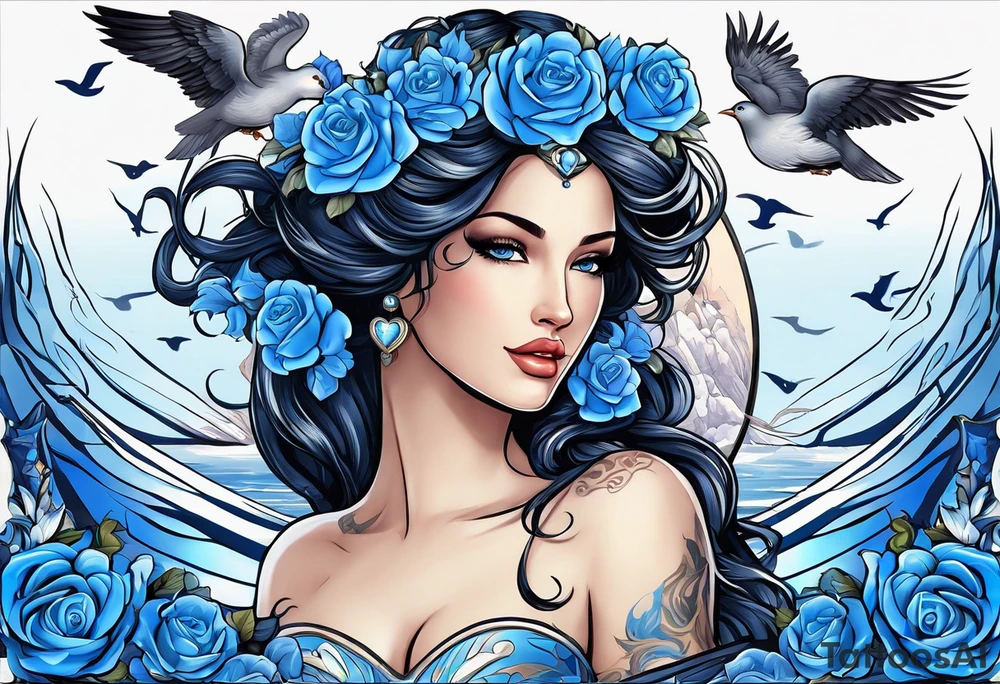 Aphrodite is the goddess of love, with a seaside background, surrounded by birds.. blue roses frames, background blue,present it in a, black hair, love motives, herat tattoo idea