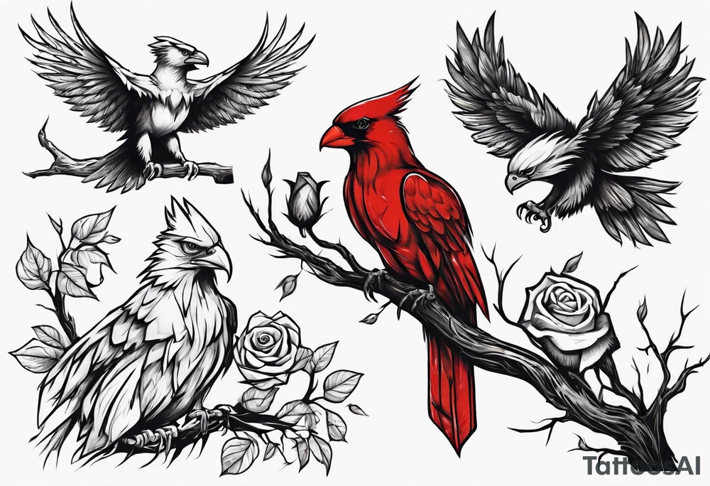 A cardinal with a rose and a eagle sitting in a willow tree. tattoo idea