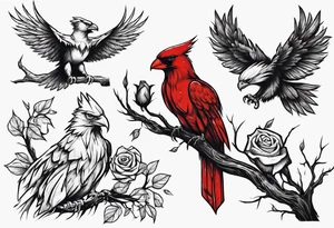 A cardinal with a rose and a eagle sitting in a willow tree. tattoo idea