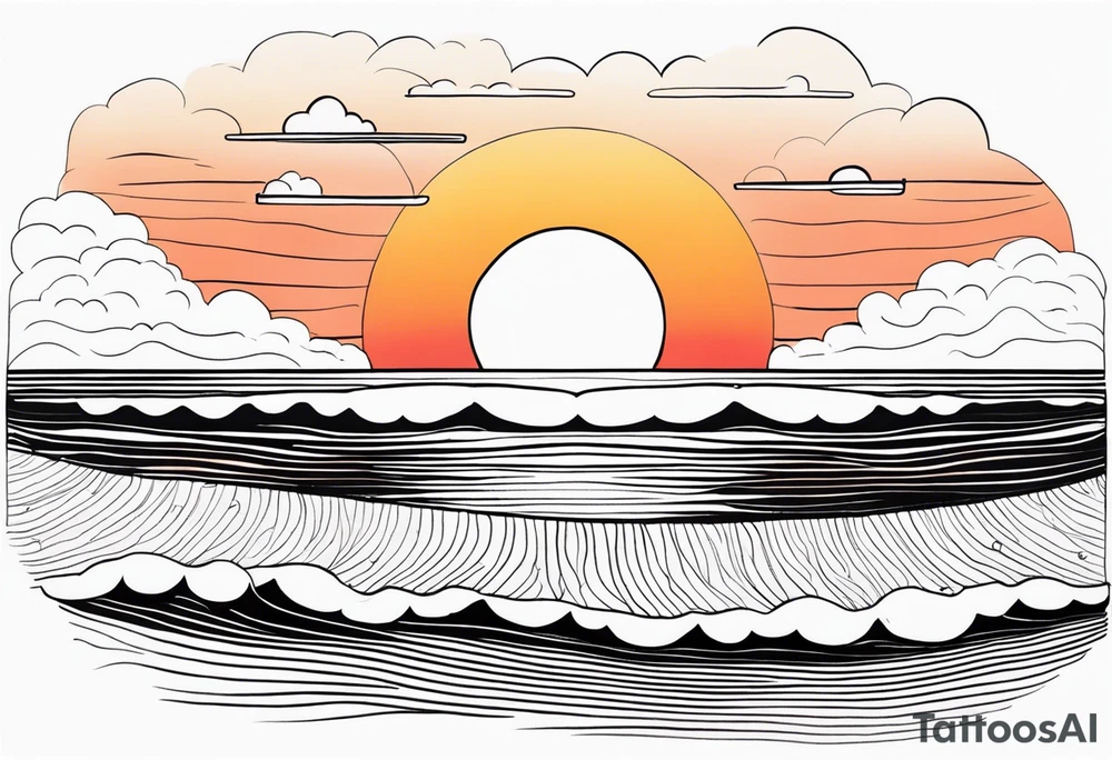 You're adding way too much. hand drawn minimal sunset. Only Ocean and sunset in the image. Very calm waters with barely any waves. tattoo idea