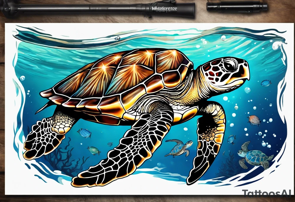 sea turtle swimming with head on the right side with star fish, corral, kelp and jelly fish tattoo idea