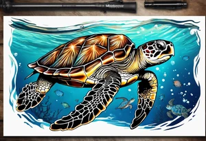 sea turtle swimming with head on the right side with star fish, corral, kelp and jelly fish tattoo idea