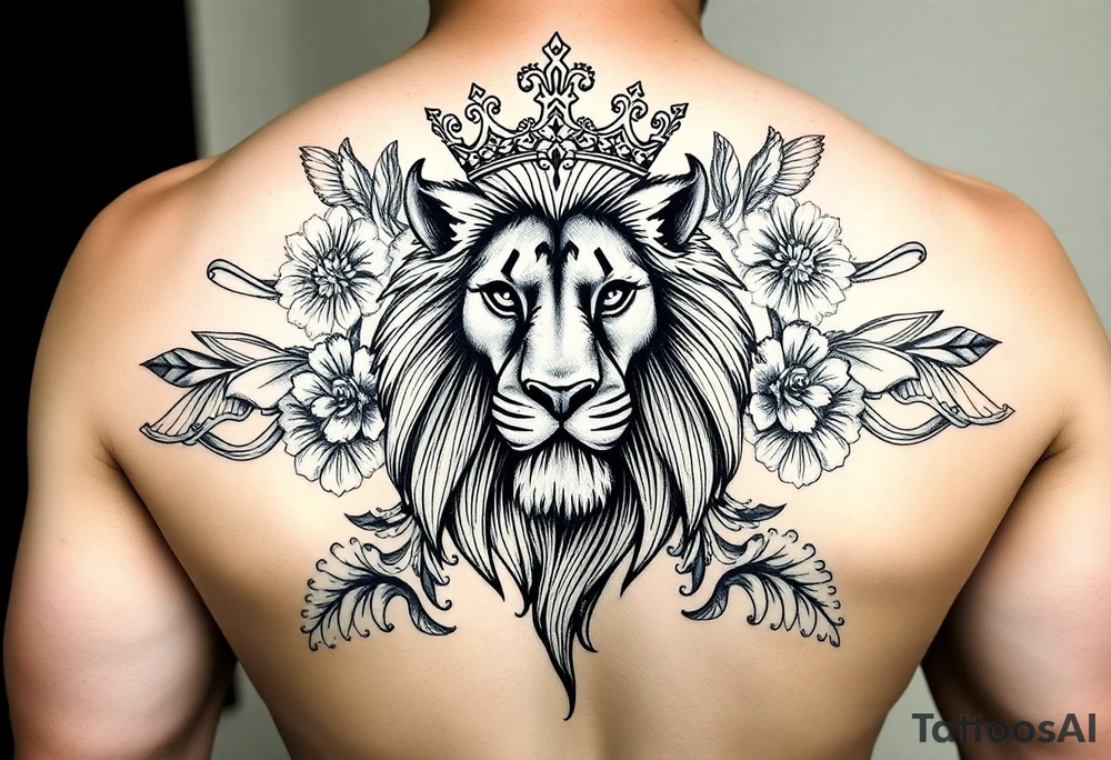 powerful majestic lion with a crown, surrounded by floral ornaments and birds tattoo idea