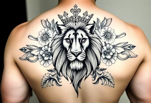 powerful majestic lion with a crown, surrounded by floral ornaments and birds tattoo idea