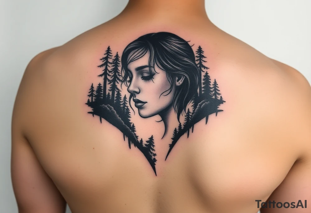 An upper arm tattoo of a women's face framed in a jagged forest in the style of Ryan Ashley Malarkey with the lyrics, "The face behind the silhouette, In this world I made to be infinite,
But within the expanse, I finally see
A world without you isn't meant for me", from the band Lorna Shore with their dark forest imagery and aesthetics. tattoo idea