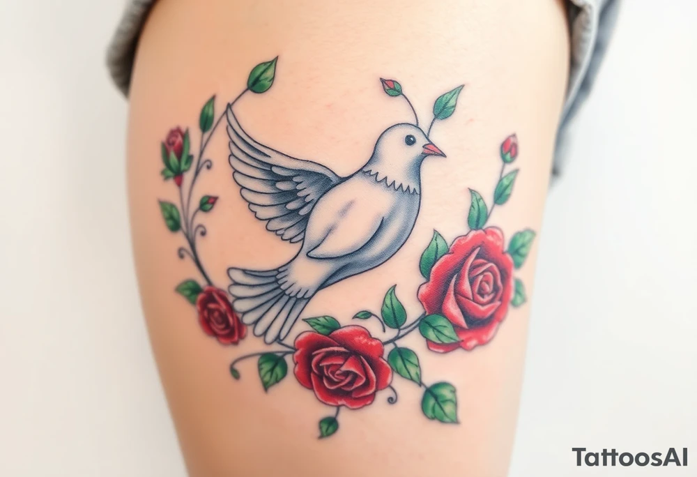 A collared dove surrounded by swirling vines and roses, with the dove in light gray and soft white, and the vines in green with hints of deep red for the roses tattoo idea