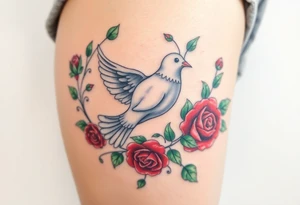 A collared dove surrounded by swirling vines and roses, with the dove in light gray and soft white, and the vines in green with hints of deep red for the roses tattoo idea